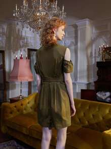 Elisabetta Arcaroli 挖肩雙口袋褶皺面料連衣裙 - 軍綠色 - 查看 2