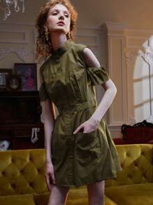 Elisabetta Arcaroli 挖肩雙口袋褶皺面料連衣裙 - 軍綠色 - 查看 3