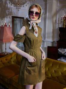 Elisabetta Arcaroli 挖肩雙口袋褶皺面料連衣裙 - 軍綠色 - 查看 4