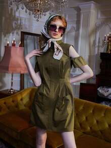 Elisabetta Arcaroli 挖肩雙口袋褶皺面料連衣裙 - 軍綠色 - 查看 5