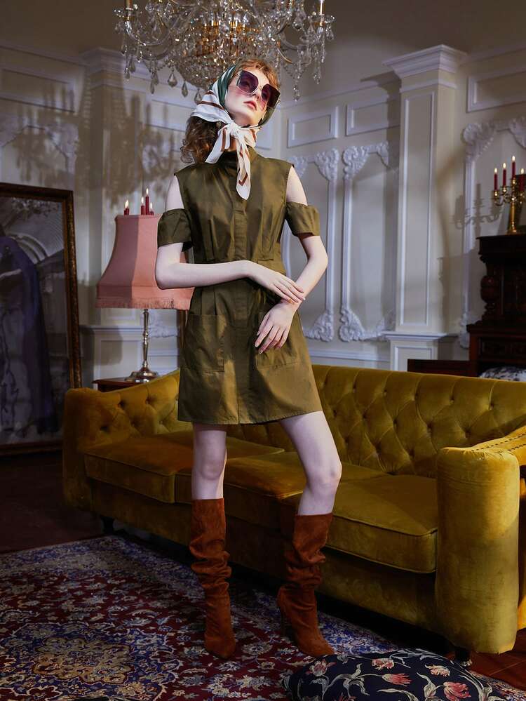 Elisabetta Arcaroli 挖肩雙口袋褶皺面料連衣裙 - 軍綠色 - 查看 6