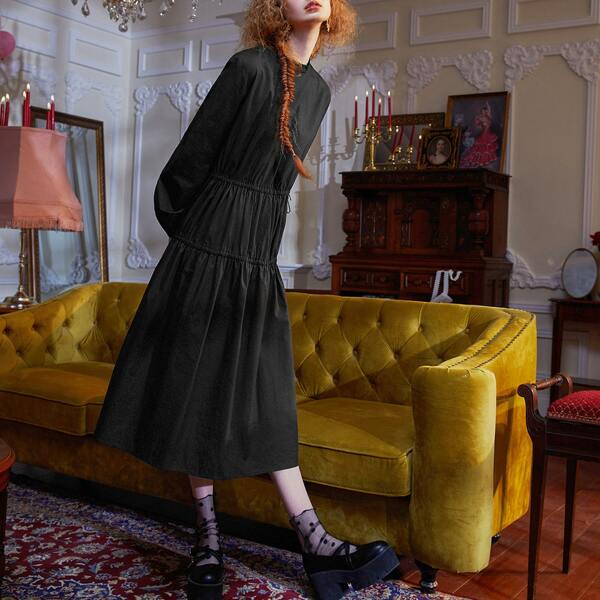 

Mock Neck Lantern Sleeve Drawstring Waist Dress, Black