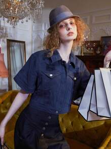 The Pearl Collective 破洞翻蓋細節短夾克 - 藏蓝色 - 查看 3