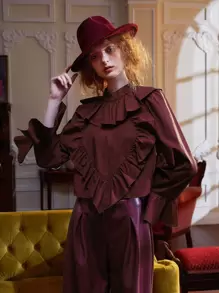 RAYA 誇大領口荷葉袖上衣 - 紫紅色 - 查看 1