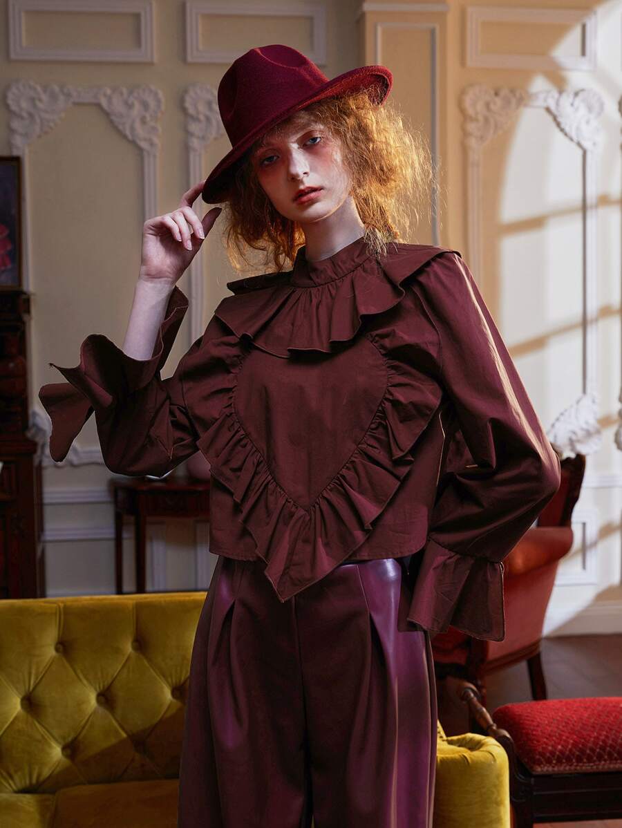 RAYA 誇大領口荷葉袖上衣 - 紫紅色 - 查看 1