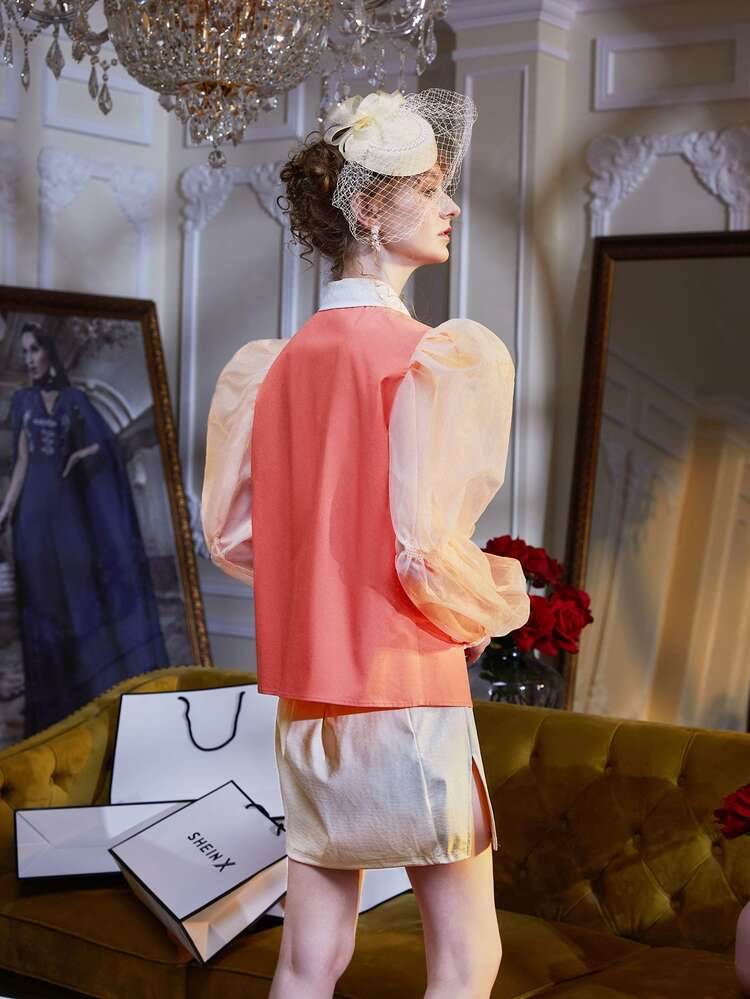 YAYA ZAHIR Contrast Organza Lantern Sleeve Shirt - Multicolor - View 2