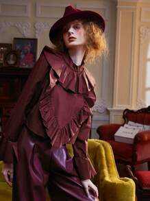 RAYA 誇大領口荷葉袖上衣 - 紫紅色 - 查看 3