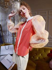 YAYA ZAHIR Contrast Organza Lantern Sleeve Shirt - Multicolor - View 3