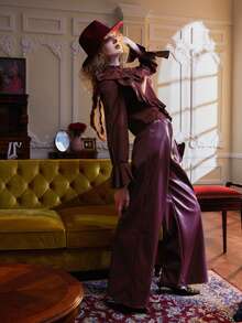 RAYA 誇大領口荷葉袖上衣 - 紫紅色 - 查看 4