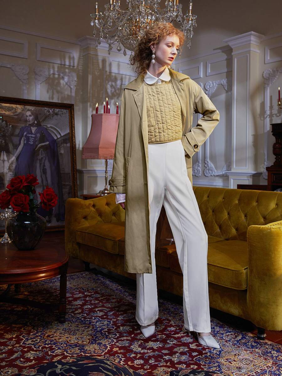 WEI ZHOU Drop Shoulder Slant Pockets Longline Coat - Khaki - View 1