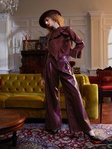 RAYA 誇大領口荷葉袖上衣 - 紫紅色 - 查看 5