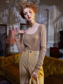 WEI ZHOU Áo thun nữ màu trơn Giải trí - Cà phê nâu - Xem 1