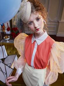 YAYA ZAHIR Contrast Organza Lantern Sleeve Shirt - Multicolor - View 6