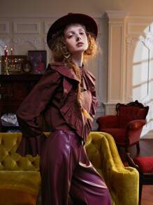 RAYA 誇大領口荷葉袖上衣 - 紫紅色 - 查看 6