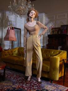 WEI ZHOU Áo thun nữ màu trơn Giải trí - Cà phê nâu - Xem 3