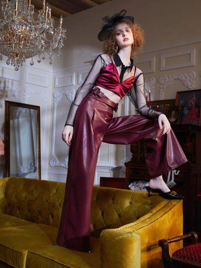 RAYA 褶皺面料腰帶PU皮革闊腿褲