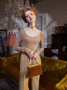 WEI ZHOU Áo thun nữ màu trơn Giải trí - Cà phê nâu - Xem 4