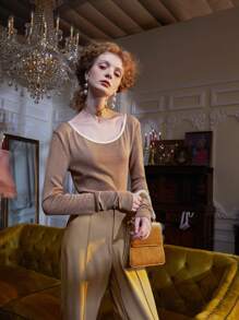 WEI ZHOU Áo thun nữ màu trơn Giải trí - Cà phê nâu - Xem 5