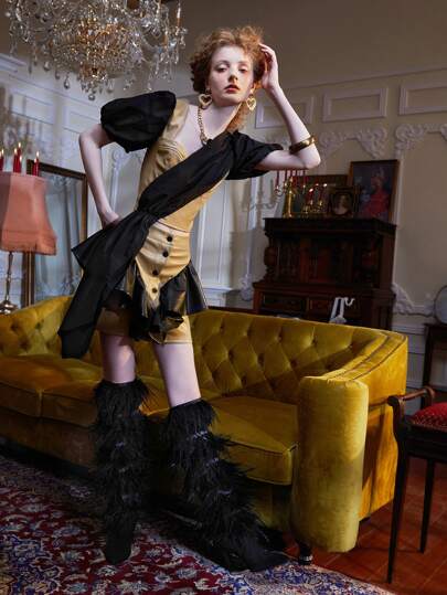 RAYA 撞色側垂泡泡袖PU皮革上衣