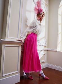 YAYA ZAHIR Solid High Waist Flared Skirt - Hot Pink - View 6