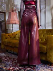 RAYA 褶皺面料腰帶PU皮革闊腿褲 - 酒紅色 - 查看 2