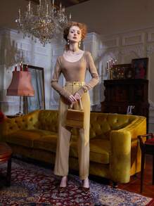 WEI ZHOU Áo thun nữ màu trơn Giải trí - Cà phê nâu - Xem 6