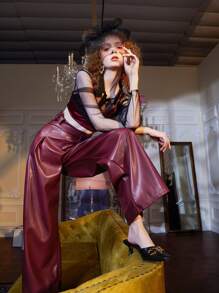 RAYA 褶皺面料腰帶PU皮革闊腿褲 - 酒紅色 - 查看 3