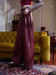 RAYA 褶皺面料腰帶PU皮革闊腿褲 - 酒紅色 - 查看 4