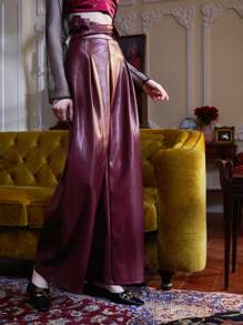 RAYA 褶皺面料腰帶PU皮革闊腿褲 - 酒紅色 - 查看 5