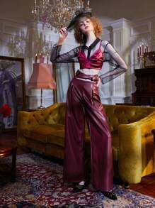 RAYA 褶皺面料腰帶PU皮革闊腿褲 - 酒紅色 - 查看 6