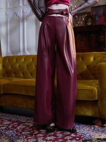 RAYA 褶皺面料腰帶PU皮革闊腿褲 - 酒紅色 - 查看 7