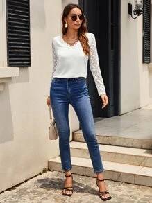 SHEIN Lace Insert Button Back Top