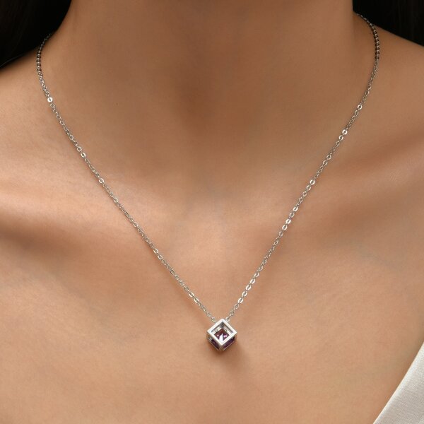 

Zircon Decor Cube Charm Necklace, Purple