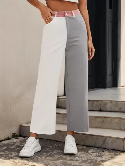 SHEIN 1入組高腰撞色闊腿褲