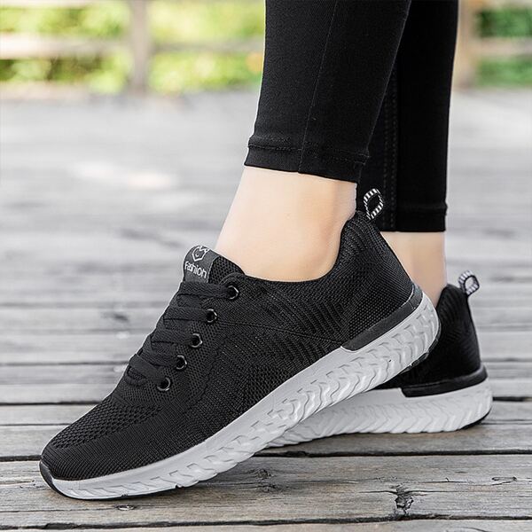 

Letter Patch Knit Detail Lace-up Front Sneakers, Black