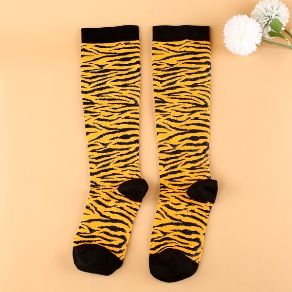 

Zebra Striped Over The Calf Socks, Yellow
