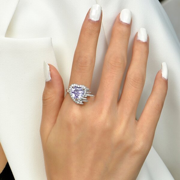 

Heart Detail Zircon Cuff Ring, Silver