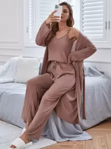 開門襟附腰帶睡袍和吊帶上衣和長褲休閒服套裝 - 藕粉色 - 查看 2