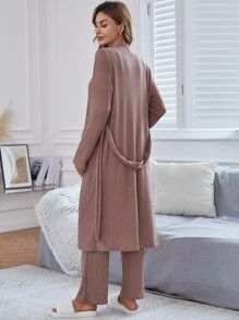 開門襟附腰帶睡袍和吊帶上衣和長褲休閒服套裝 - 藕粉色 - 查看 3