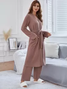 開門襟附腰帶睡袍和吊帶上衣和長褲休閒服套裝 - 藕粉色 - 查看 5