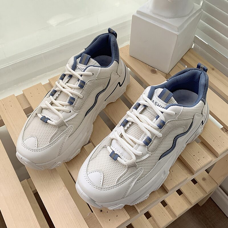 

Lace Up Front Mesh Panel Sneakers, Blue and white