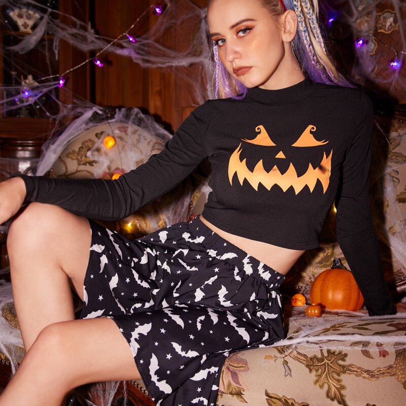 

Halloween Pumpkin Print Slim Tee, Black