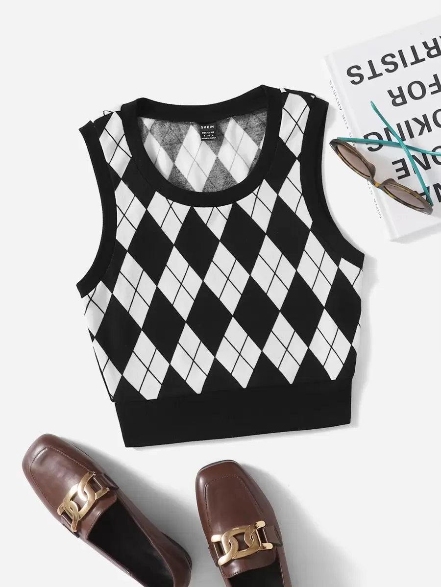 SHEIN EZwear 黑白菱形圖案圓領緊身背心 - 黑與白 - 查看 1