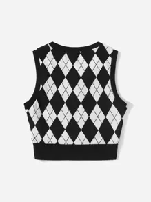 SHEIN EZwear 黑白菱形圖案圓領緊身背心 - 黑與白 - 查看 2