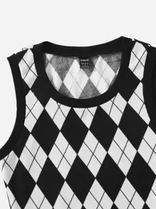 SHEIN EZwear 黑白菱形圖案圓領緊身背心 - 黑與白 - 查看 4