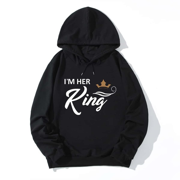 

Men Crown And Slogan Print Drawstring Hoodie, Black