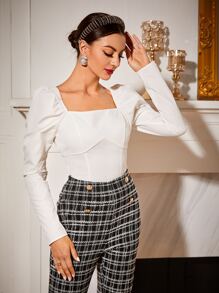 Modelyn Blusa de cuello cuadrado de manga farol - Blanco - Ver 5