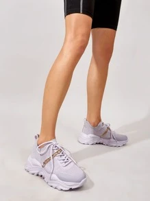 CUCCOO BASICS 鏈條裝飾前綁帶針織老爹鞋 - 紫色 - 查看 11