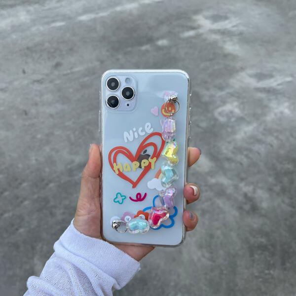 

Heart Beaded Hand Strap Phone Case, Clear