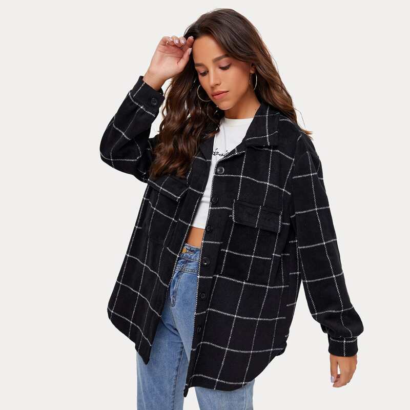 

Plaid Button Front Pocket Coat, Black